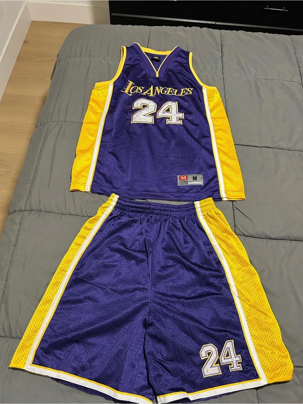 Los Angeles #24 Purple and Yellow Basketball Jersey and Shorts Set. READ
